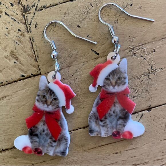 Christmas Kitten Earrings Cat Santa Acrylic Lightweight Holiday - Picture 2 of 6